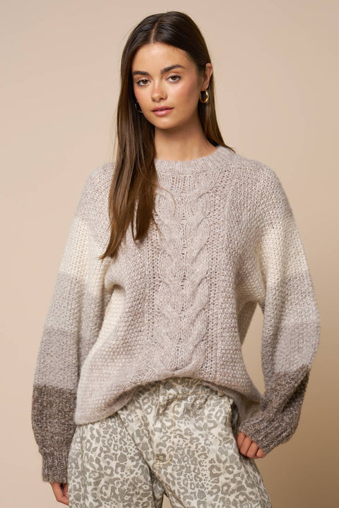 Lalavon-Color Block Cable Knit Sweater: TAUPE / M-Pink Dot Styles