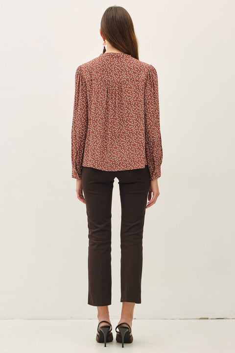 Ditsy Tie Front Collar Blouse: Terracotta