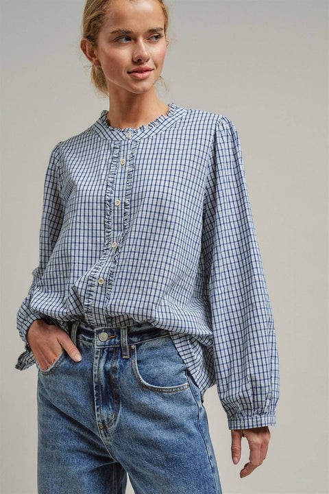 Navy Windowpane Check Ruffle Placket Cotton Blouse