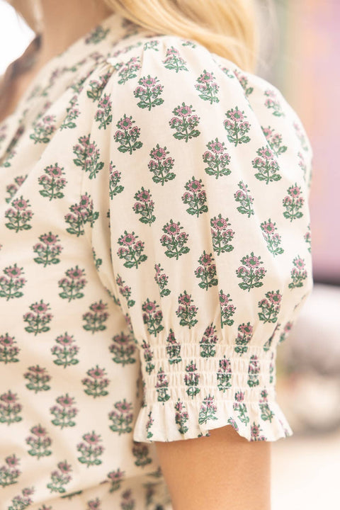 VOY-Block Print Smocked Floral Top-Pink Dot Styles
