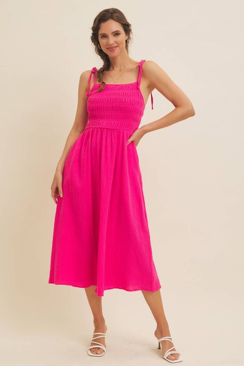 in february-VIBRANT SUMMER COTTON GAUZE SMOCKED MIDI DRESS WITH TIE STRA: HOT PINK / L-Pink Dot Styles