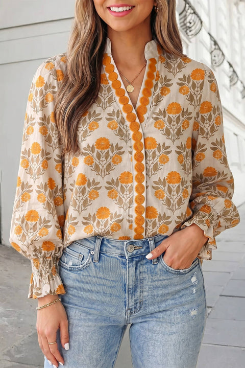 Floral Print V Neck Tunic Top Casual Shift Blouse