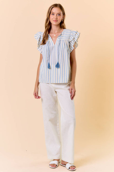 Doe and Rae-Boho Peasant Stripe Cap Sleeve Top-Pink Dot Styles