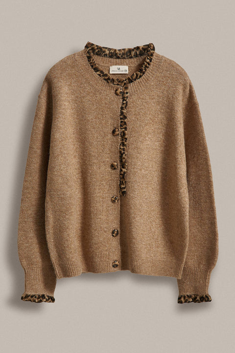 Leopard Ruffle Trim Knit Cardigan: Camel