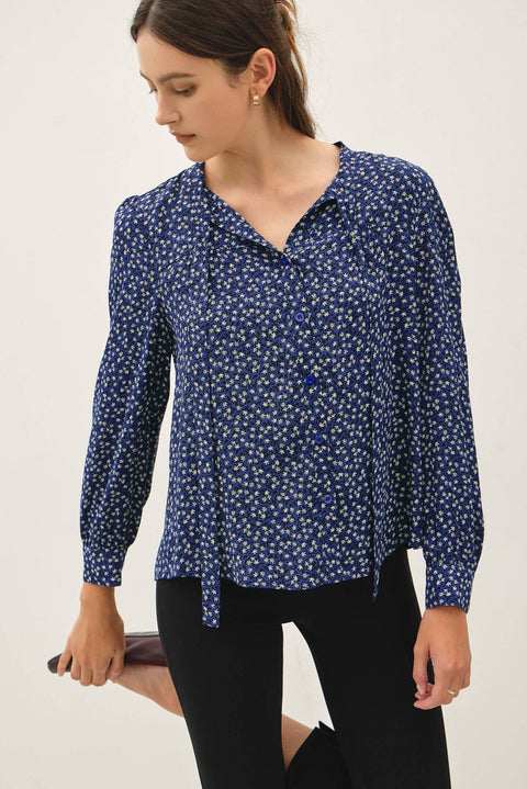 Navy Ditsy Print Tie-Front Blouse