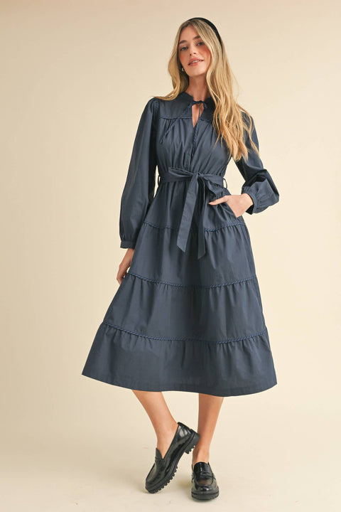 &MERCI-Navy Contrast Binding Midi Dress-Pink Dot Styles