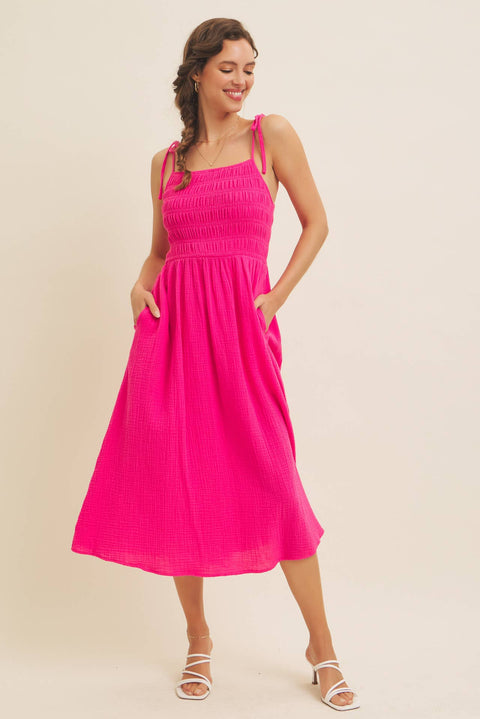 in february-VIBRANT SUMMER COTTON GAUZE SMOCKED MIDI DRESS WITH TIE STRA: HOT PINK / L-Pink Dot Styles