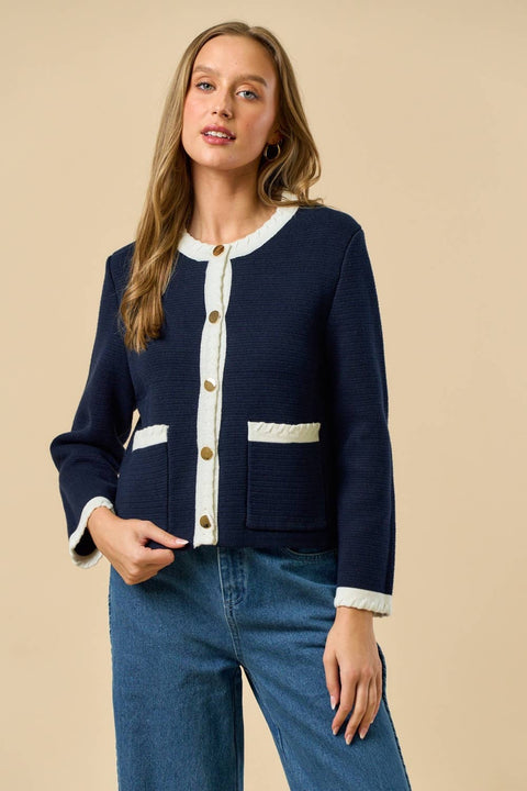 Lalavon-ILT6336 Loop Detail Sleeve Cardigan Top : NAVY-OFF WHITE / S-Pink Dot Styles