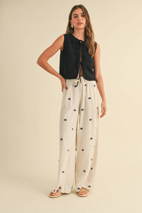 MIOU MUSE-Oatmeal Embroidered Linen Pants-Pink Dot Styles