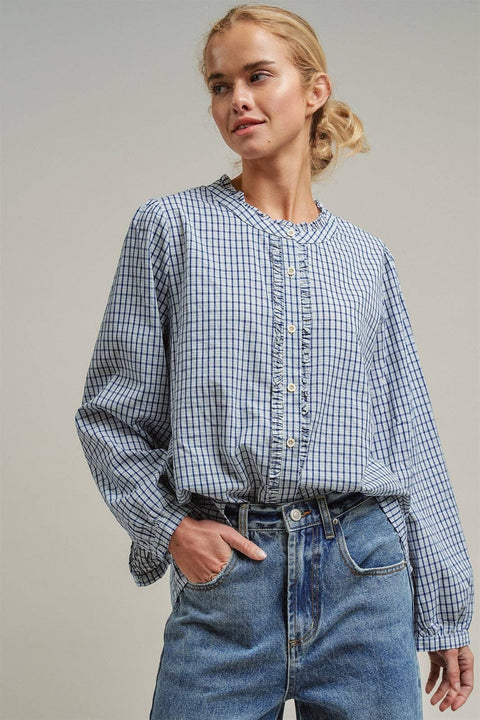 Navy Windowpane Check Ruffle Placket Cotton Blouse