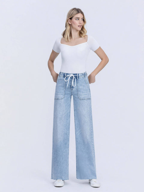 FLYING MONKEY-Wide Leg Drawstring Jeans-Pink Dot Styles