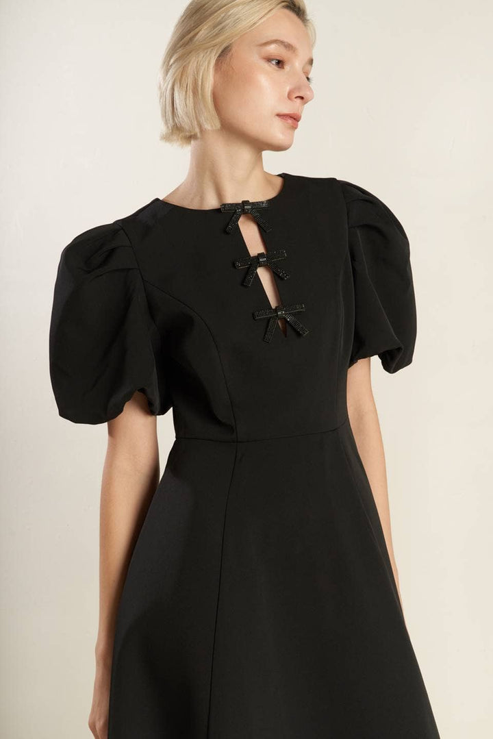 FLYING TOMATO-Black Midi Dress with Bow Details (Final Sale)-Pink Dot Styles