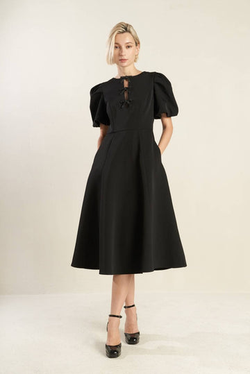 knee length dresses for ladies Black Midi Dress with Bow Details (Final Sale)– Pink Dot Styles