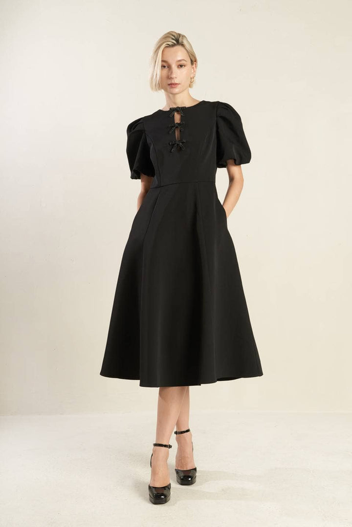 FLYING TOMATO-Black Midi Dress with Bow Details (Final Sale)-Pink Dot Styles