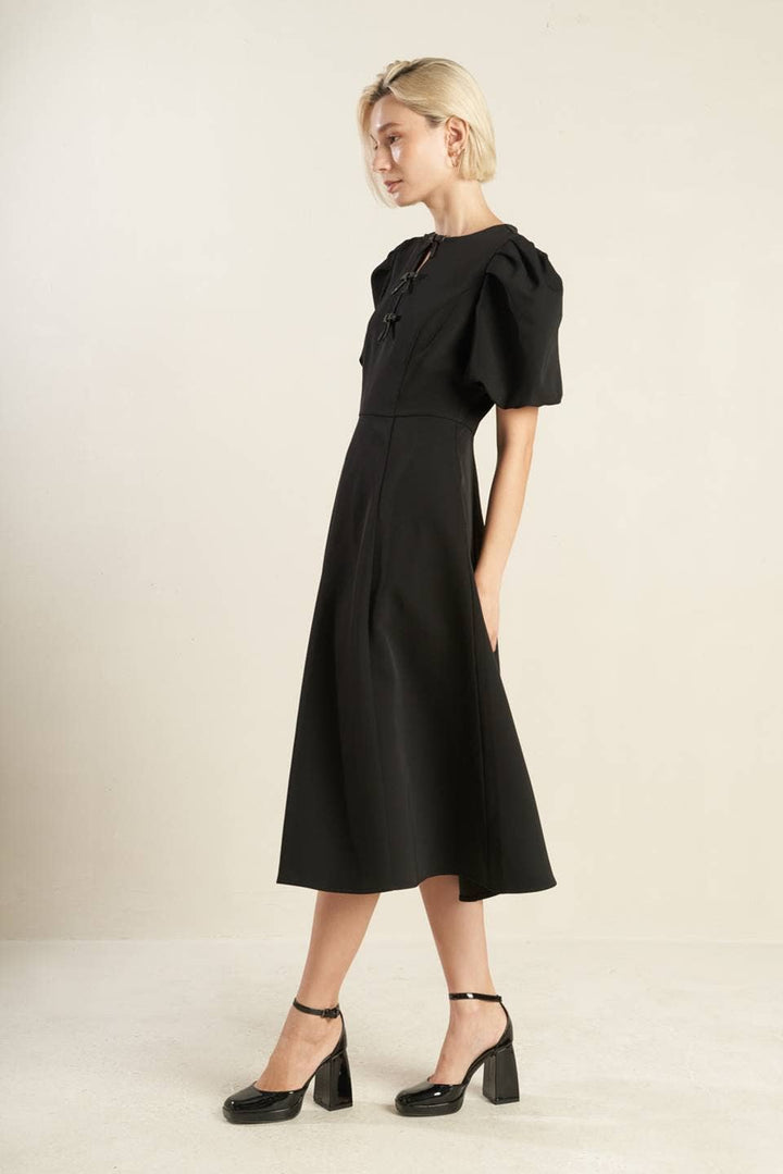 FLYING TOMATO-Black Midi Dress with Bow Details (Final Sale)-Pink Dot Styles