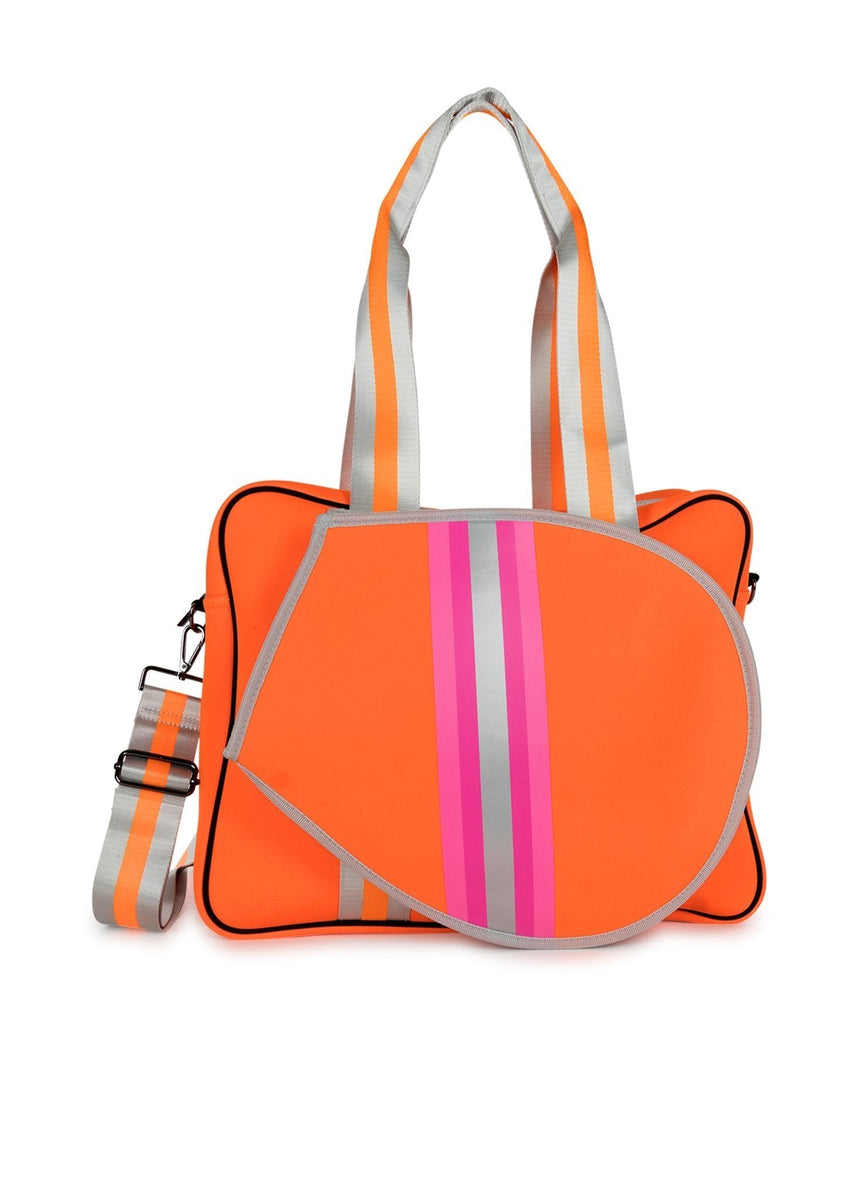 Haute Shore | Billie Wow - Orange Neoprene Tennis Bag w/ Pink Stripe ...
