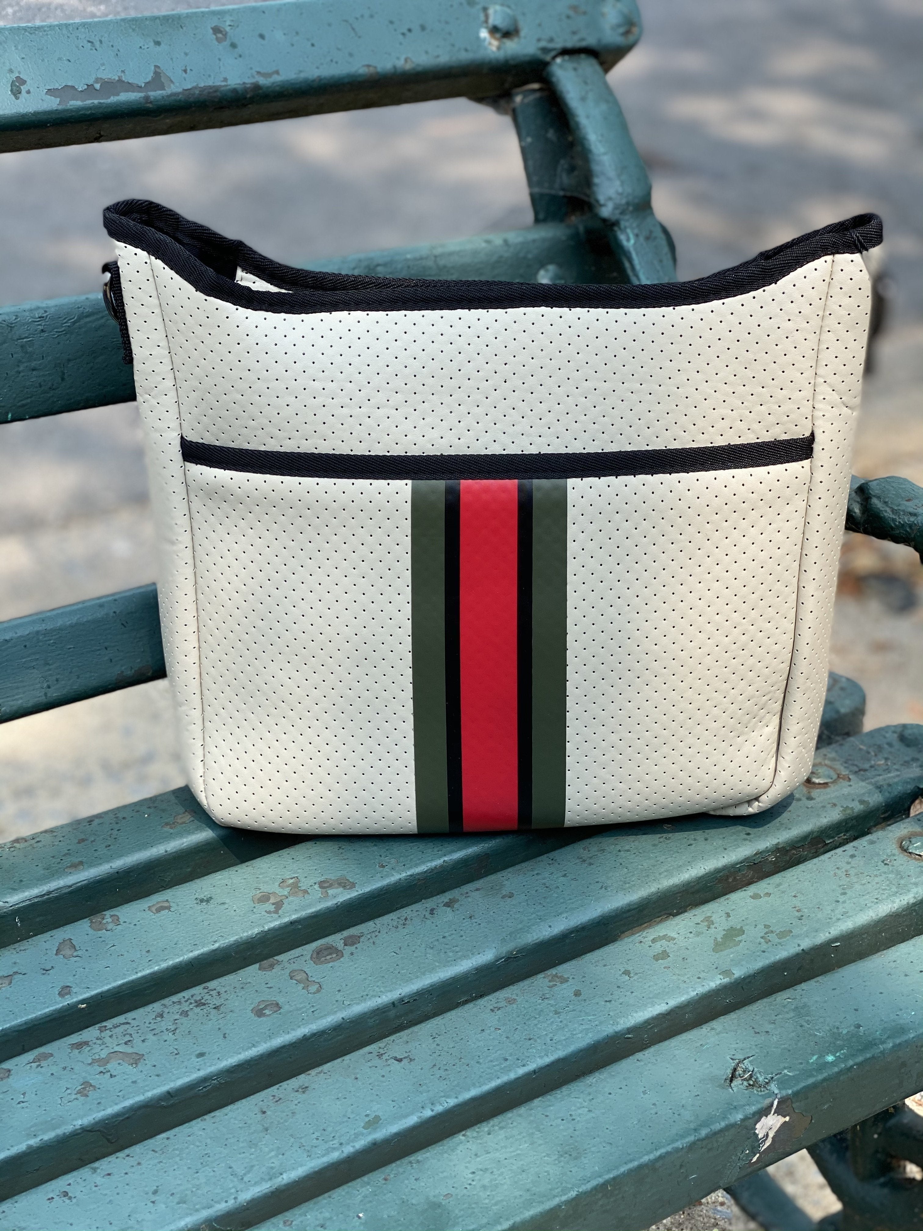 Haute Shore Blake Roma Beige Neoprene Crossbody w Red Black Stripe