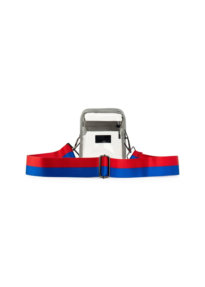 Haute Shore-Casey Spirit C | Stadium Approved Clear Cellphone Crossbody + Blue-Red Strap-Pink Dot Styles