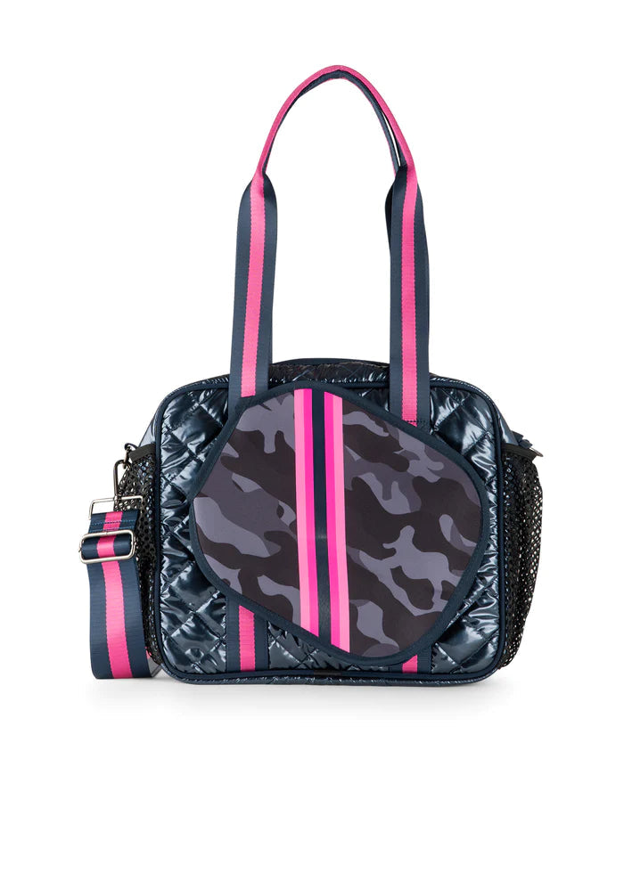 Haute Shore Pickleball Bag Navy Camo Puffer Quilted w Pink Stripe Neoprene