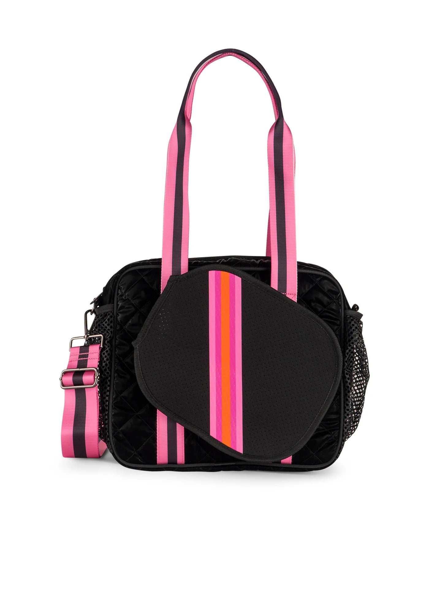 Haute Shore Pickleball Bag - Black Neoprene Quilted w/ Pink Stripe Haute Shore Pickleball Bag - Black Neoprene Quilted w/ Pink Stripe