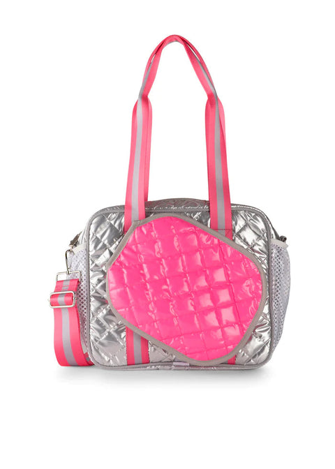Dill Sugar | Pink & Silver Quilted Puffer Pickleball Tote (pre-order ship@ 4/10)-Accessories > Bags > Pickleball Bags-Pink Dot Styles