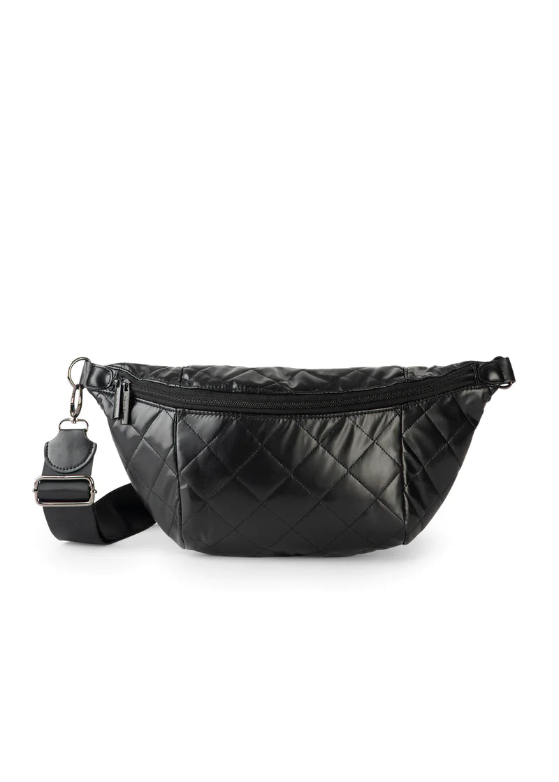 Haute Shore Black Quilted Vegan Leather Sling Belt Bag Emily Solo