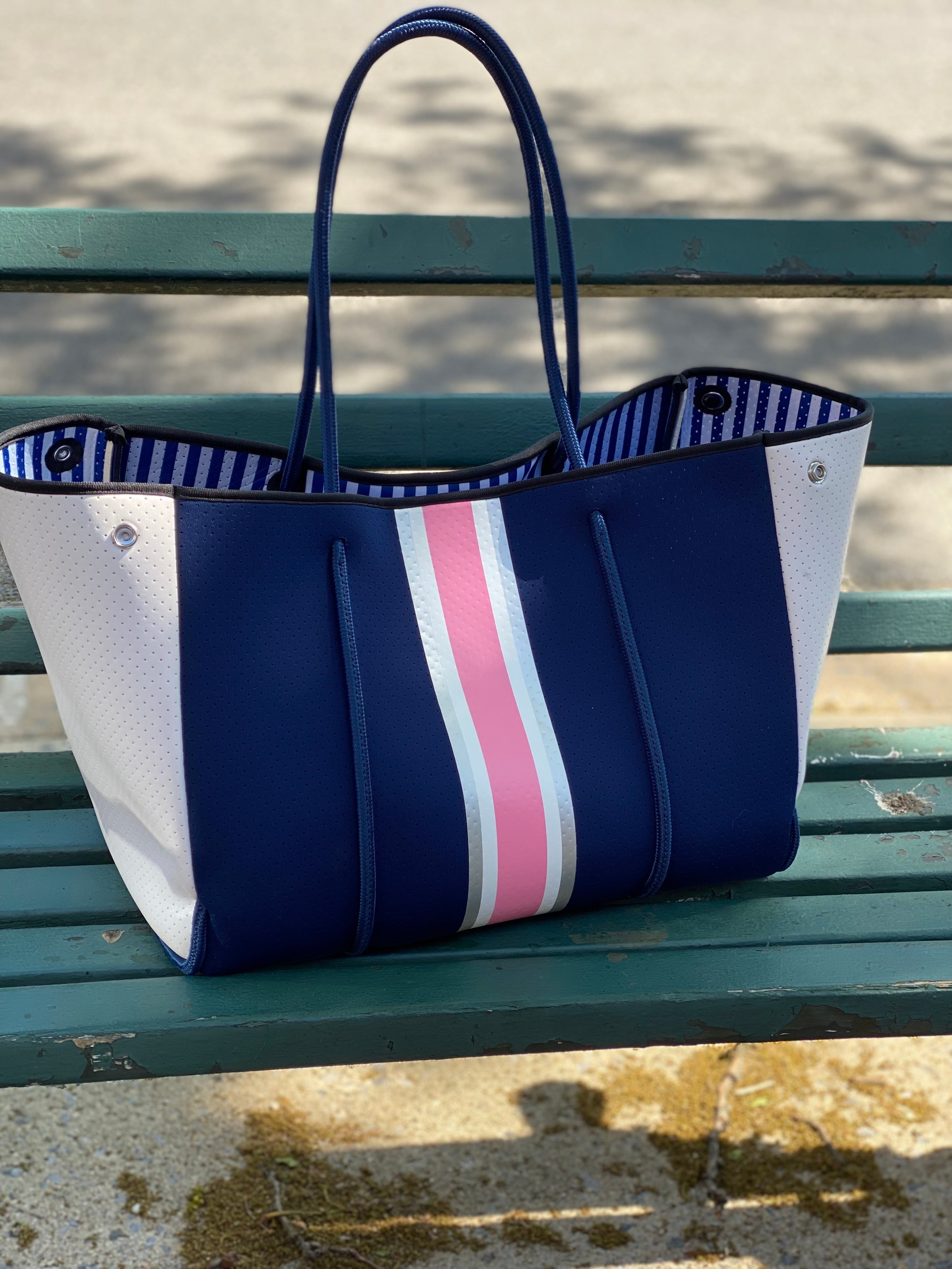 Haute Shore | Navy Neoprene Tote w/ Pink Stripe - Beach, Pool, Gym Bag