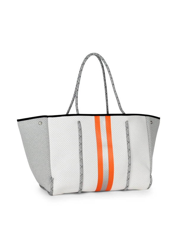 Haute Shore Greyson Crush White Neoprene Bag w Orange Stripe Pink Dot Styles