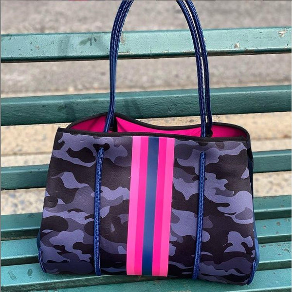 a Neoprene Bag - Purple Grey Camo w/ Pink Stripe F – Christine's