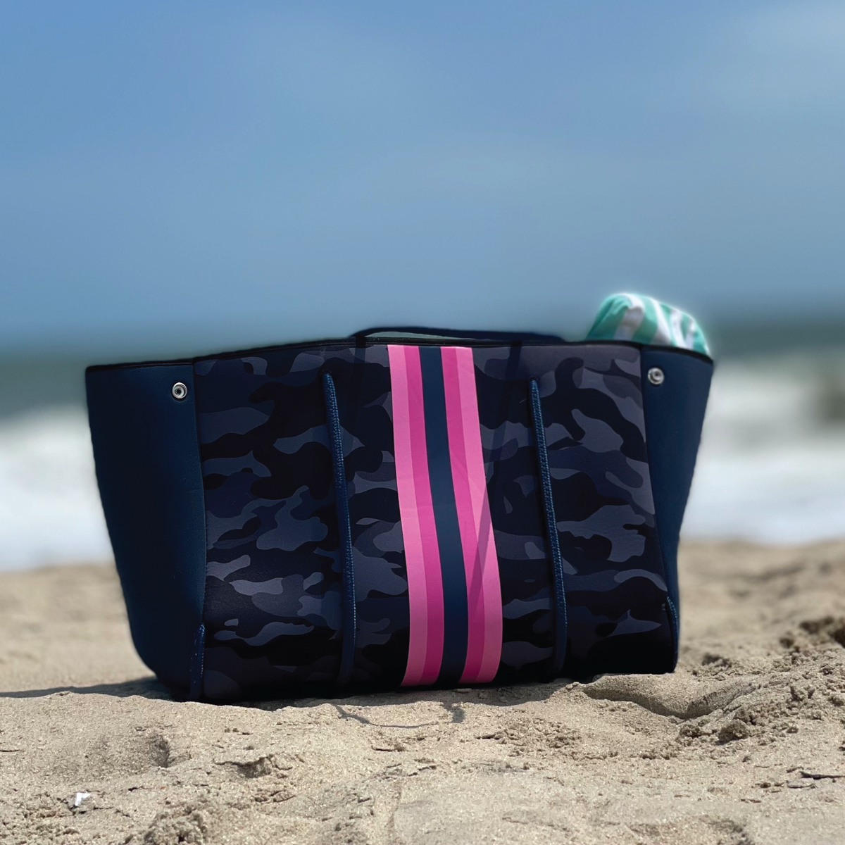 Haute Shore | Navy Camo Neoprene Tote w/Hot Pink Stripe - Greyson