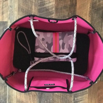 a Neoprene Bag - Purple Grey Camo w/ Pink Stripe F – Christine's