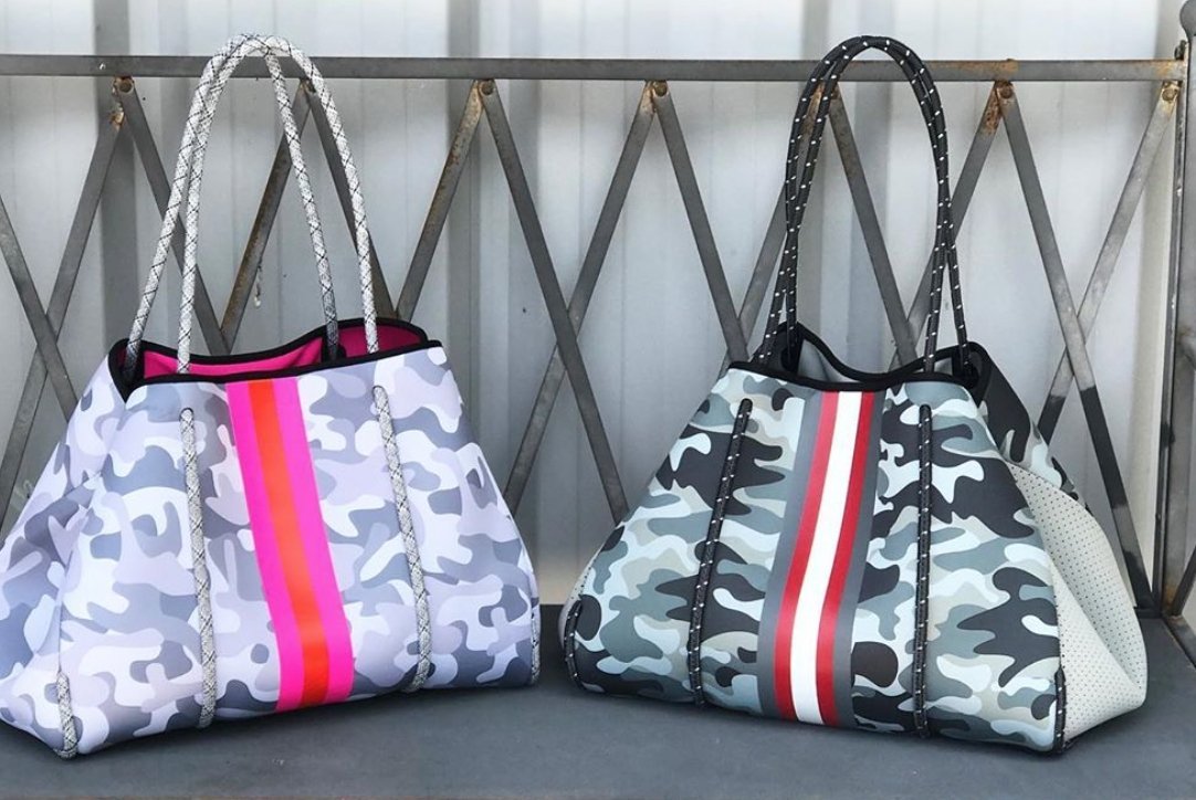 Haute Shore Neoprene Camo w Pink Orange Stripe Tote Greyson Rise Pink Dot Styles