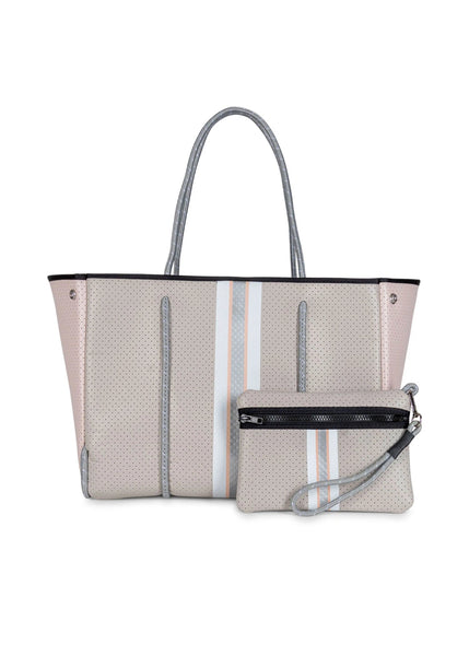 Haute Shore Greyson Shell Greige Neoprene w Stripe Tote Bag