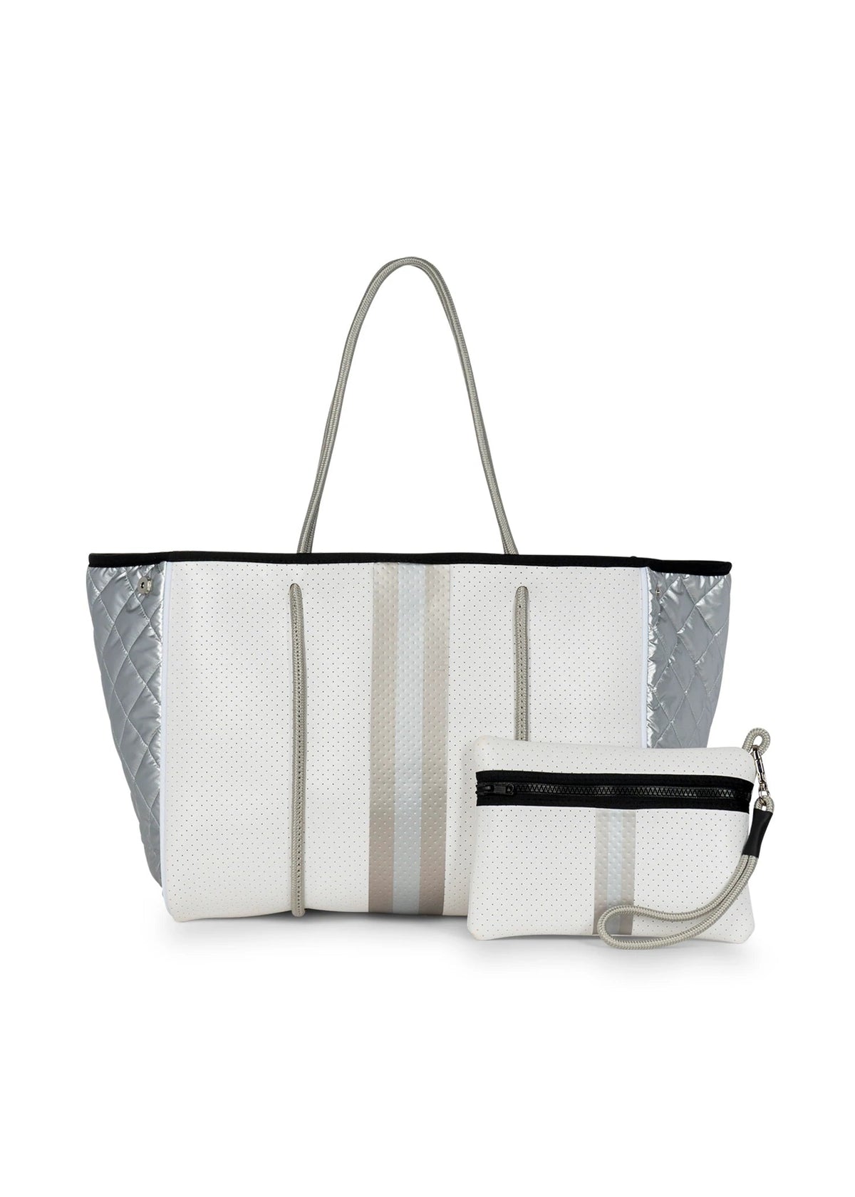 Haute Shore | Greyson Vapor - White Neoprene Everyday Tote  lightly used haute shore tote bag, black with a pop of blue and silver! main image 0