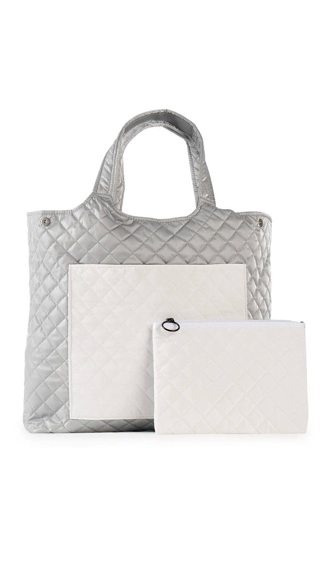 Haute Shore Large Silver Quilted Puffer Beach, Pool or Everyday Tote