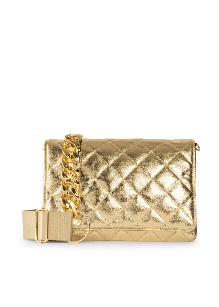 Haute Shore-Lexi Gilt | Gold Quilted Puffer Crossbody / Convertible Clutch-Pink Dot Styles