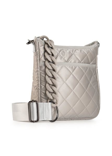 Haute Shore Sporty Grey Beige Quilted Puffer Crossbody Bag - Medium Size