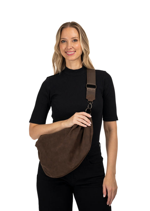 Haute Shore-Ollie Espresso | Vegan Suede Sling Bag-Pink Dot Styles