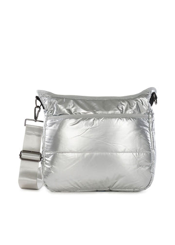 THINK ROYLN Women's Small Crossbody Silver Metallic Puffer