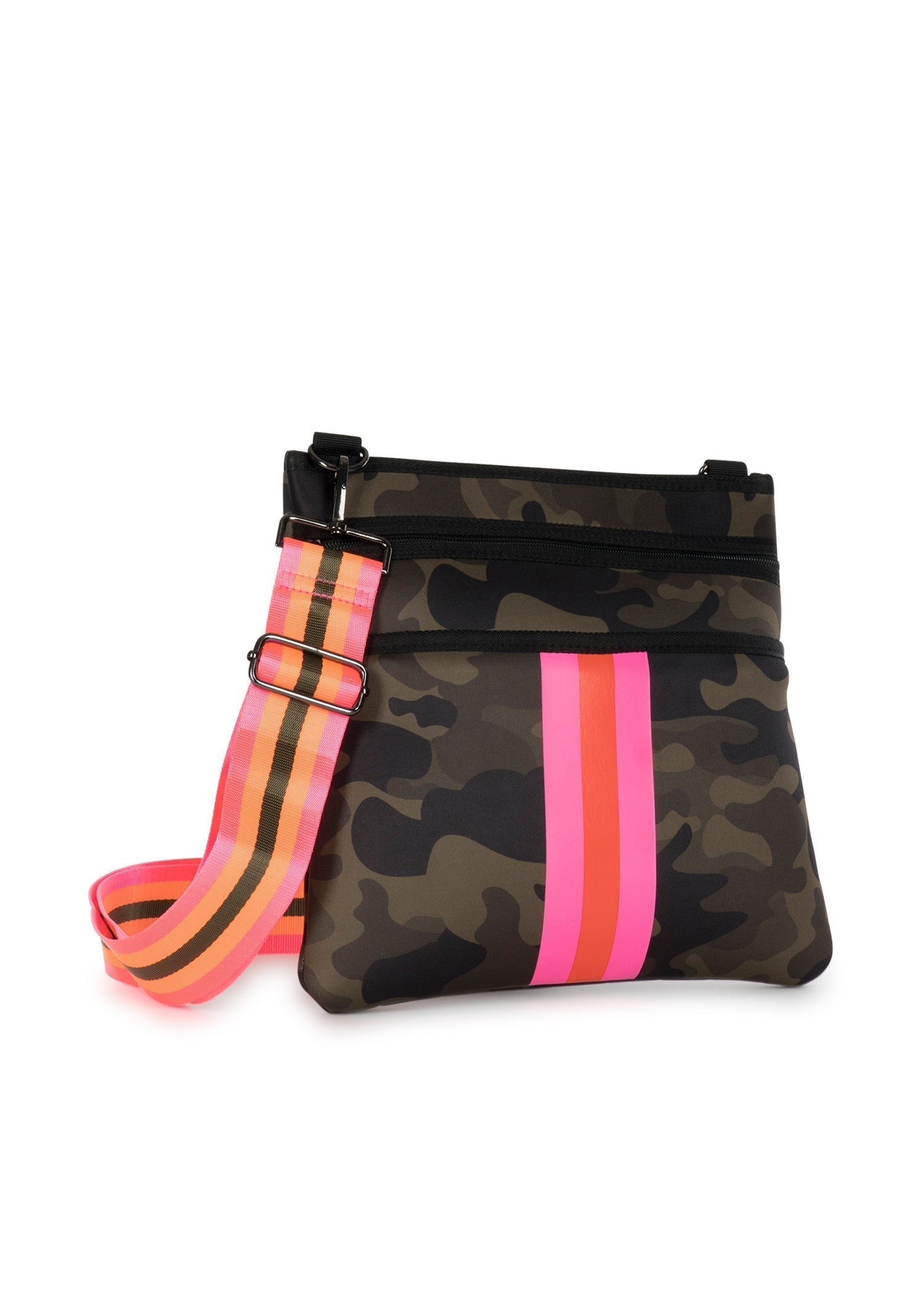 Haute Shore Camo Neoprene Messenger Crossbody Bag w Pink Stripe