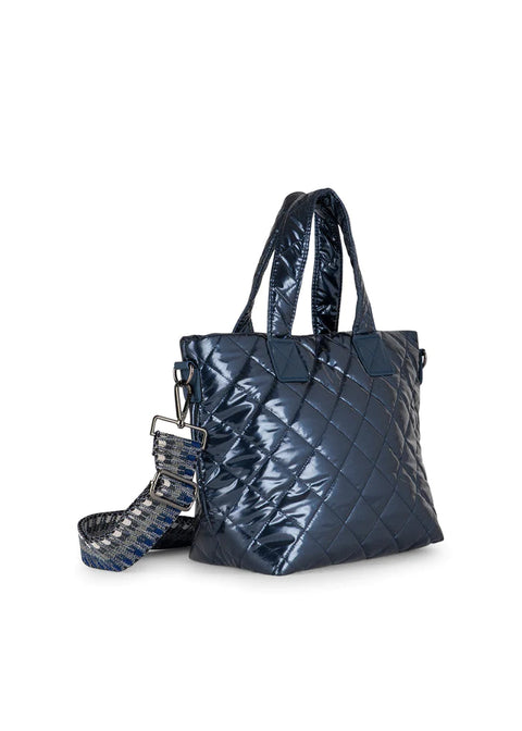 Ryan Sea | Navy Quilted Shiny Puffer Mini Tote-Accessories > Handbags > Totes-Pink Dot Styles