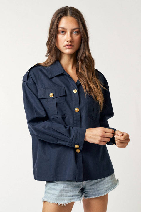 Navy Collared Long Sleeve Jacket-Apparel > Womens > Outerwear > Jackets-Pink Dot Styles
