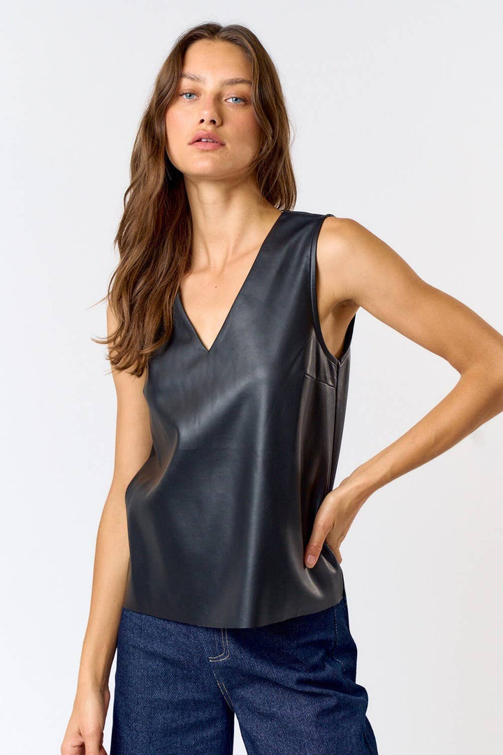 Lalavon-Sleeveless Faux Leather Top-Pink Dot Styles