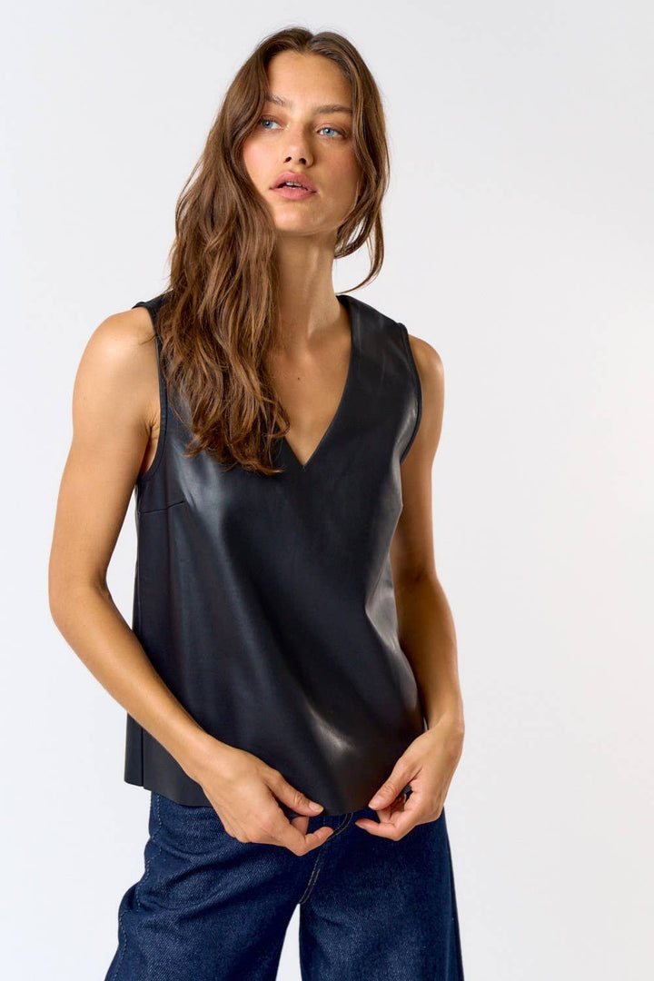 Lalavon-Sleeveless Faux Leather Top-Pink Dot Styles