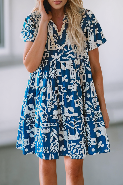 Little Daisy Closet-Blue Ricrac Trim Split Neck Floral Loose Dress: L / Blue-Pink Dot Styles