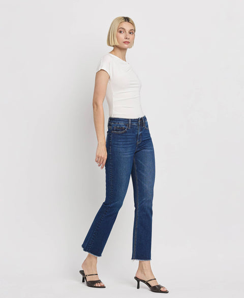 Lovervet by VERVET-High Rise Kick Flare Jeans: Dark Denim-Pink Dot Styles