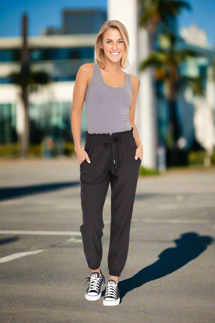 Mono B-Cuffed Essential High Waist Joggers: Black-Pink Dot Styles