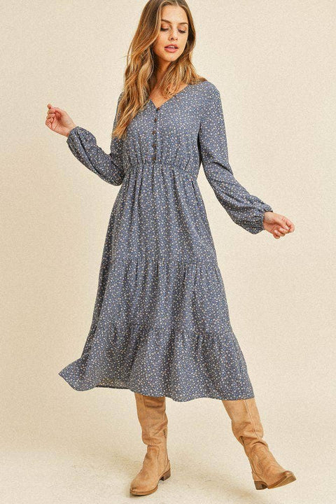 Paper Crane-Long Sleeve V-Neck Floral Dress With Button Down: DENIM MULTI / L-Pink Dot Styles