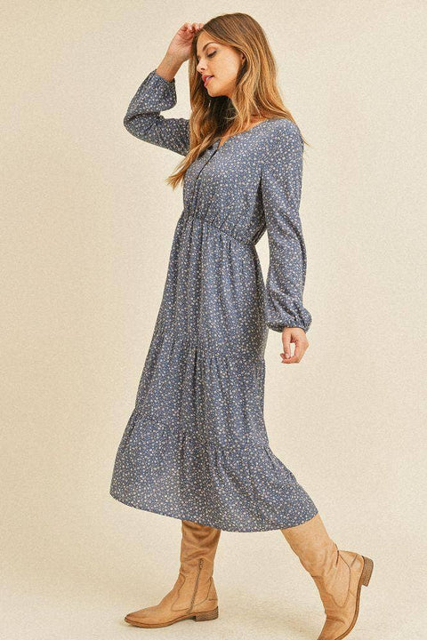 Paper Crane-Long Sleeve V-Neck Floral Dress With Button Down: DENIM MULTI / L-Pink Dot Styles
