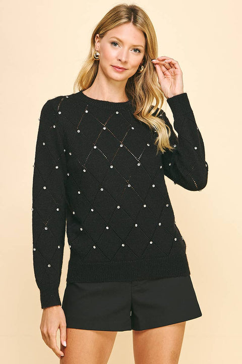 Rhinestone Black Sweater-Apparel > Womens > Tops > Sweaters-Pink Dot Styles